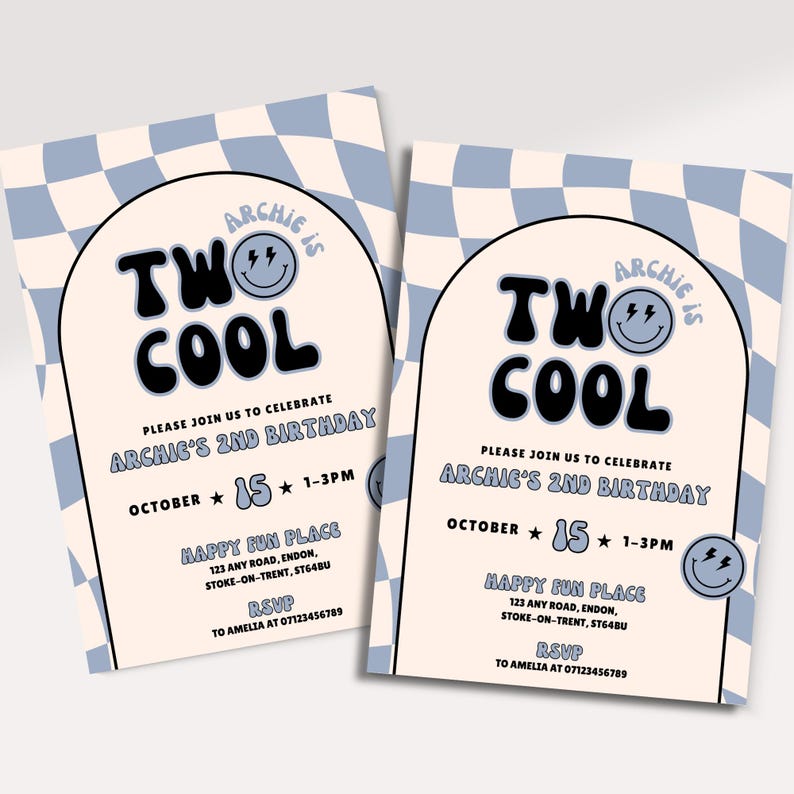 Two Cool Two Cool 2nd Birthday Invitation Editable Canva Template Second ...