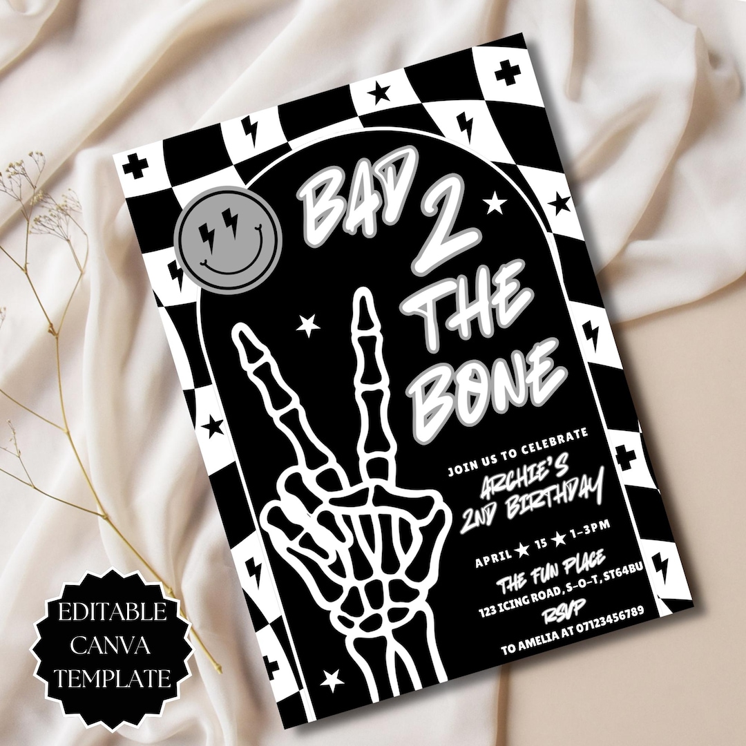 Bad 2 the Bone Birthday Invitation Editable Canva Template Boys 2nd ...