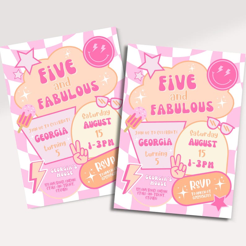 Puede incluir: Dos invitaciones rosas para una fiesta de cumplea&ntilde;os. Anuncian "Five and Fabulous" y detallan la fiesta del quinto cumplea&ntilde;os de Georgia, con fecha, hora y RSVP. El dise&ntilde;o incluye estrellas, helados y gafas de sol.
