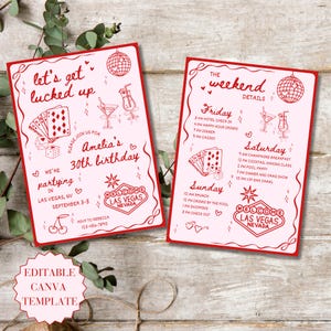 May include: Two red and white invitation cards with a Las Vegas theme. The left card says "Let's get lucked up" and announces a 30th birthday party. The right card lists weekend details. Includes cocktail and casino graphics.