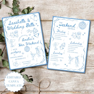 Puede incluir: Dos tarjetas de invitación azul claro con texto manuscrito e ilustraciones. La tarjeta izquierda dice "Seashells & Wedding Bells" y detalla el lugar y la fecha del evento. La tarjeta derecha enumera los detalles del fin de semana. La esquina inferior izquierda dice "EDITABLE CANVA TEMPLATE."