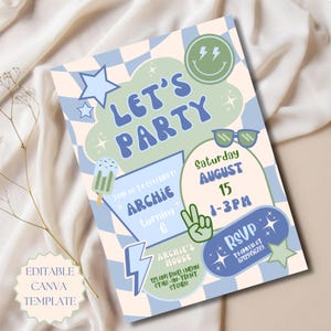 Let's Party Birthday Invitation Editable Canva Template Any Age Birthday Invite Blue Birthday Invite Boys Checkered Retro Birthday Party
