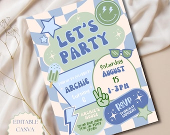 Let's Party Birthday Invitation Editable Canva Template Any Age Birthday Invite Blue Birthday Invite Boys Checkered Retro Birthday Party