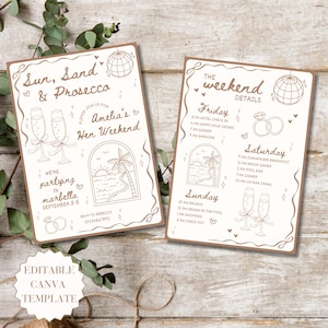 Pode incluir: Dois cartões de convite bege com bordas marrons. O cartão esquerdo diz "Sun, Sand & Prosecco" e "Amelia's Hen Weekend". O cartão direito lista os detalhes do fim de semana. Ambos os cartões apresentam ilustrações de taças de champanhe, uma bola de discoteca e uma cena de praia.