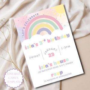 Rainbow Birthday Invitation Editable Canva Template Girls Pastel Birthday Invite Kids Birthday Invite Pastel Rainbow Birthday Party invite