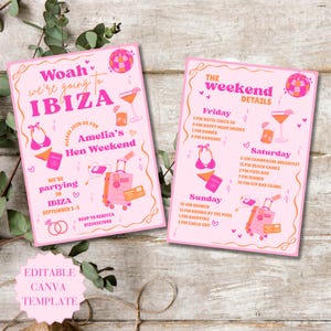 Ibiza Hen Party Invite And Itinerary Editable Canva Template Ibiza Bachelorette Invite And Plan Woah We&#39;re Going To Ibiza Girls Weekend Trip