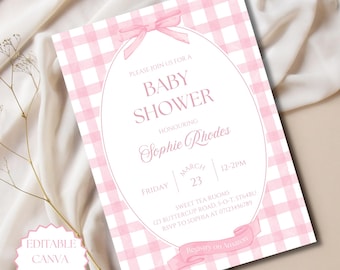Rosa Gingham Babypartyeinladung bearbeitbare Canva Vorlage Gingham Babyparty einladen Rosa Babyparty einladen Rosa Bogen Babyparty einladen