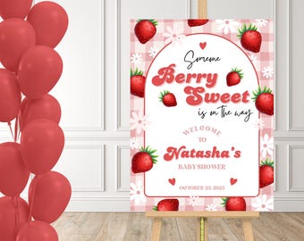Berry Sweet Baby Shower Welcome Sign Someone Berry Sweet Welcome Sign Editable Canva Template Strawberry Baby Shower Pink Baby Shower Decor