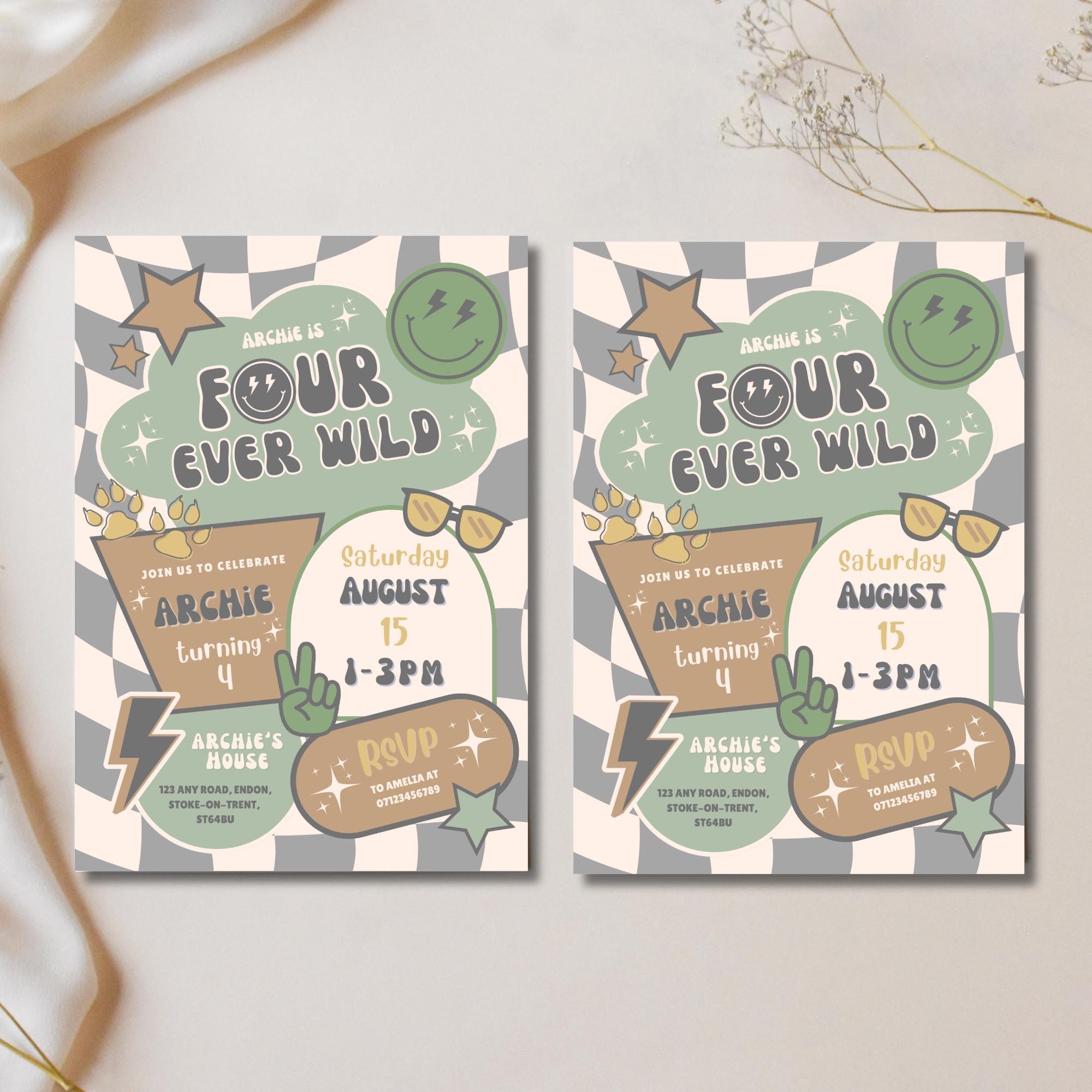Four Ever Wild Birthday Invitation Editable Canva Template Green 4th ...