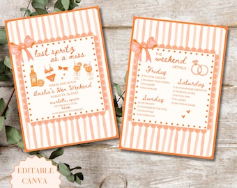May include: Two peach-colored cards with vertical striped backgrounds. The left card reads "last spritz as a miss" and invites guests to Amelia's Hen Weekend in Marbella, Spain. The right card lists weekend details. Both cards have a bow.