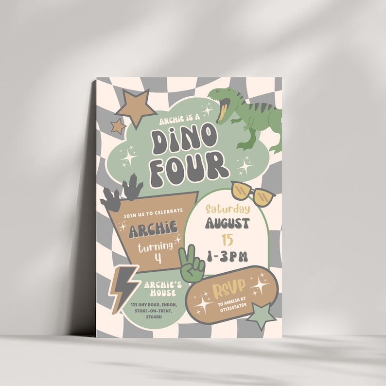 May include: A retro-style birthday party invitation with a checkered background. The invitation features the text "Dino Four" with a green dinosaur graphic. Additional text includes party details, RSVP information, and the name "Archie".