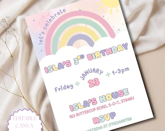 Rainbow Birthday Invitation Editable Canva Template Girls Pastel Birthday Invite Kids Birthday Invite Pastel Rainbow Birthday Party invite