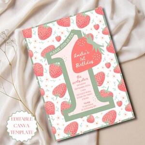 Könnte beinhalten: Eine Einladung zur Party mit Erdbeermotiv. Die Einladung enthält den Text "Amelia's 1st Birthday" und Veranstaltungsdetails. Der Hintergrund hat ein Muster aus Erdbeeren und weißen Blumen. Der Text "Editable Canva Template" ist ebenfalls sichtbar.