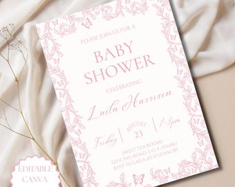 Różowe kwiatowe zaproszenie na baby shower, edytowalny szablon Canva, różowe motyle, zaproszenie na baby shower, różowe kwiatowe zaproszenie na baby shower