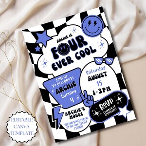 Vierde verjaardagsuitnodiging: coole uitnodiging, bewerkbare Canva-sjabloon, geruite uitnodiging voor de 4e verjaardag, blauwe smiley, retro verjaardagsuitnodiging.
