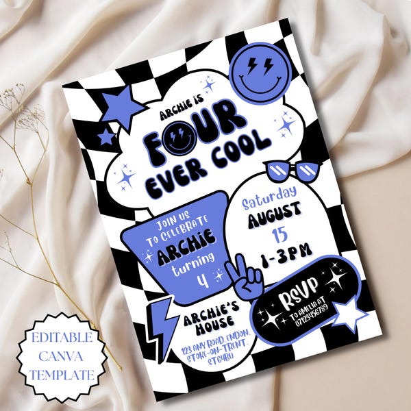 Four Ever Cool Birthday Invitation Editable Canva Template Checkered 4th Birthday Invite Blue Smiley Face Birthday Invite Retro Birthday