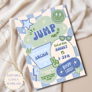 May include: A party invitation with a blue and green theme. The invitation features the text "Let's Jump and Play" and "Archie turning 6". Other details include the date, time, and RSVP information. The design includes stars, lightning bolts, and a smiley face.