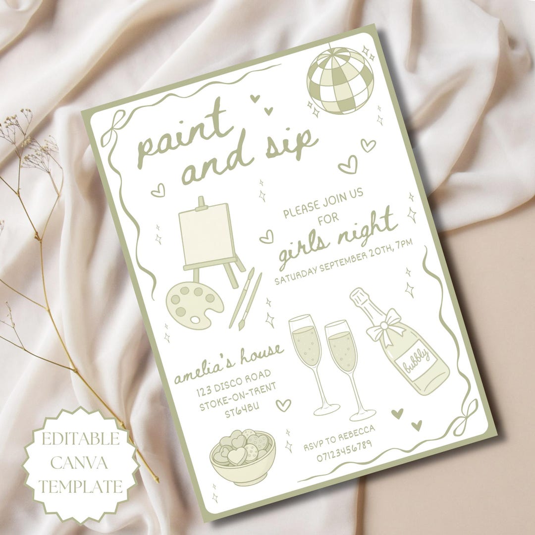 Paint and Sip Girls Night Invitation Editable Canva Template Girls ...
