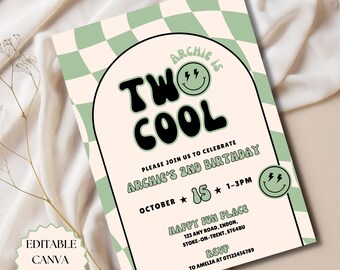 May include: A birthday invitation with a retro design. The invitation features a checkerboard pattern in light green and white. The text reads "Two Cool" and includes details for Archie's 2nd birthday, including the date, time, and location.