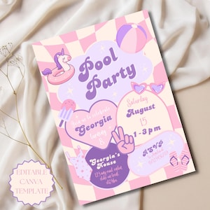 Pink Pool Party Birthday Invitation Editable Canva Template Any Age Birthday Invite Pink Birthday Invite Lilac Girls Birthday Party Invite image 1