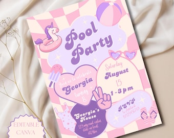 Pink Pool Party Birthday Invitation Editable Canva Template Any Age Birthday Invite Pink Birthday Invite Lilac Girls Birthday Party Invite