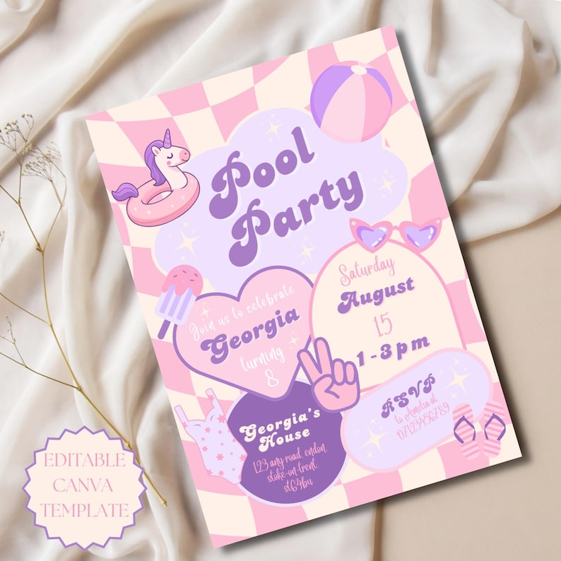 Pink Pool Party Birthday Invitation Editable Canva Template Any Age Birthday Invite Pink Birthday Invite Lilac Girls Birthday Party Invite image 1