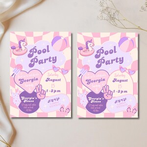 Pink Pool Party Birthday Invitation Editable Canva Template Any Age Birthday Invite Pink Birthday Invite Lilac Girls Birthday Party Invite image 3