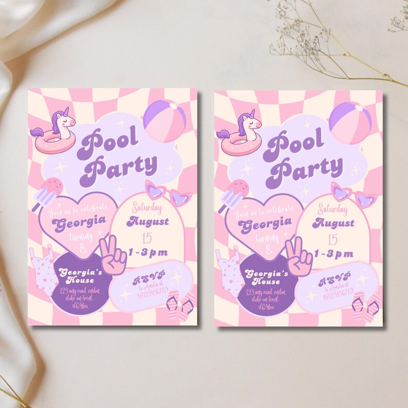 Pink Pool Party Birthday Invitation Editable Canva Template Any Age Birthday Invite Pink Birthday Invite Lilac Girls Birthday Party Invite image 3