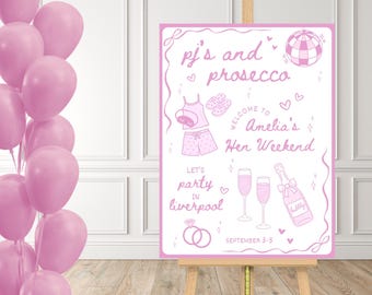 Pjs And Prosecco Hen Weekend Welcome Sign Editable Canva Template Pink Bachelorette Welcome Sign Hen Party Slumber Party Girls Trip