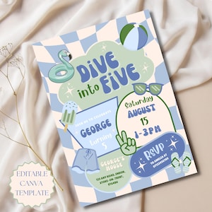 May include: A birthday party invitation with a retro design. The invitation features the text "Dive into Five" with illustrations of a flamingo float, ice cream, and sunglasses. The details include the date, time, and RSVP information.
