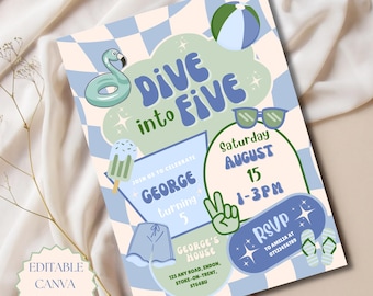 Dive Into Five Birthday Invitation Editable Canva Template Pool Party Birthday Invite Blue Birthday Invite Boys 5th Birthday Party Invite