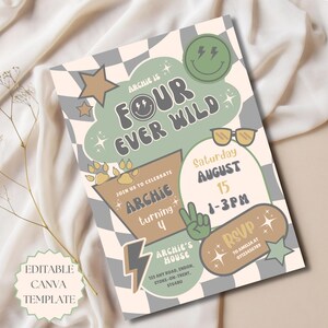 Może przedstawiać: Zaproszenie na imprezę w stylu retro. Zaproszenie zawiera tekst "Archie is Four Ever Wild" i "Join us to celebrate Archie turning 4". Zaproszenie zawiera datę, godzinę i informacje RSVP. Jest to edytowalny szablon Canva.