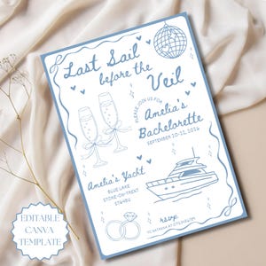 Op de afbeelding: Een lichtblauwe uitnodiging met de tekst "Last Sail before the Veil" voor Amelia's vrijgezellenfeest. De uitnodiging bevat illustraties van champagneglazen, een jacht, ringen en een discobal.