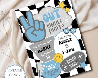 Peace Out Single Digits Birthday Invitation Editable Canva Template 10th Birthday Invite Retro Boys Blue Invite Double Digits Birthday Party