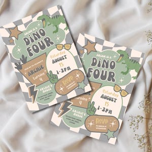 May include: Two invitation cards with a dinosaur theme. The cards feature the text "Archie is a Dino Four" with a green dinosaur graphic, sunglasses, and stars. The cards also include event details and an RSVP section.