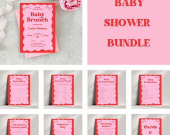 May include: A pink and red baby shower bundle with a printable invitation, games, and a thank you card. The invitation says "Baby Brunch" and features a pink and red bow. The games include "Baby Name Race", "Finish Mummy's Phrase", "Baby Word Scramble", "Baby Predictions", "Who Knows Mummy Best?", "Wishes for Baby", "Would She Rather?", and "Cards & Gifts".