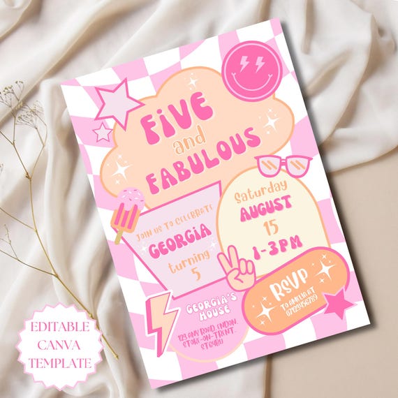 Five And Fabulous Birthday Invitation Editable Canva Template 5th Birthday Invite Pink Birthday Invite Girls Checkered Retro Birthday Party