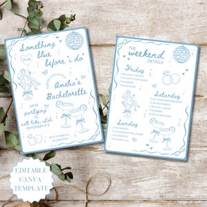 Something Blue Before I Do Bachelorette Invite And Itinerary Editable Canva Template Cocktail Hen Party Invite And Plan Hen Do Girls Trip