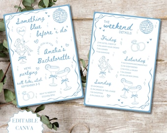 Something Blue Before I Do Bachelorette Invite And Itinerary Editable Canva Template Cocktail Hen Party Invite And Plan Hen Do Girls Trip