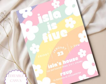 Rainbow Birthday Invitation Editable Canva Template Girls Pastel Birthday Invite Kids Birthday Invite Pastel Daisies Birthday Party invite