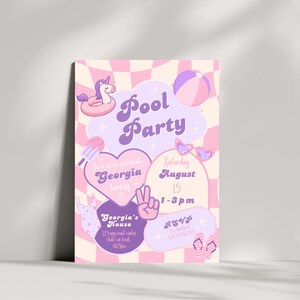 May include: A pastel pink and purple pool party invitation with a checkered background. The invitation features a unicorn float, beach ball, ice cream, sunglasses, and flip-flops. Text includes "Pool Party", "Georgia", "August 15", and RSVP information.