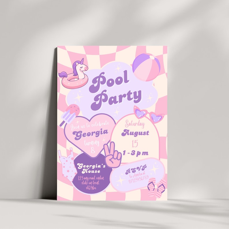 May include: A pastel pink and purple pool party invitation with a checkered background. The invitation features a unicorn float, beach ball, ice cream, sunglasses, and flip-flops. Text includes "Pool Party", "Georgia", "August 15", and RSVP information.