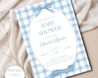 Blue Gingham Baby Shower Invitation Editable Canva Template Gingham Baby Shower Invite Blue Baby Shower Invite Blue Bow Baby Shower Invite
