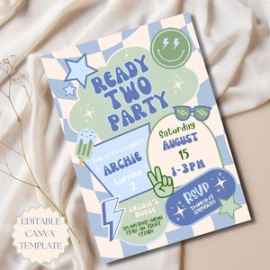 May include: A pastel-colored party invitation with the text "Ready Two Party" in a playful font. The invitation includes details for Archie's second birthday, with a date, time, and RSVP information. The design features stars, lightning bolts, and a peace sign.