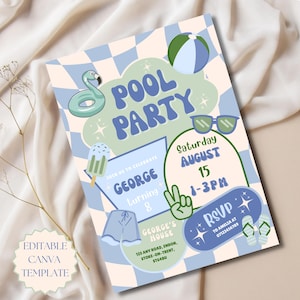 May include: A blue and white pool party invitation with the text "POOL PARTY". The invitation includes illustrations of a flamingo float, sunglasses, and an ice cream. The invitation is an editable Canva template.