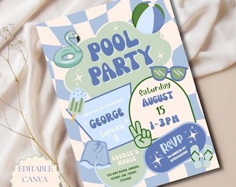 Pool Party Birthday Invitation Editable Canva Template Any Age Birthday Invite Blue Birthday Invite Sage Green Boys Birthday Party Invite 2