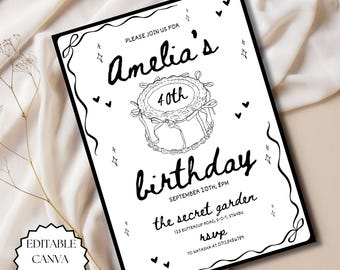 Whimsical Birthday Party Invitation Template Hand Drawn Party Invite Any Age Birthday Invite Girls Dinner Celebration 18th 21st 30th 40th