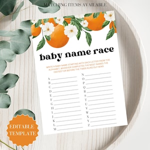 Baby Name Race Baby Shower Game Oranges A Little Cutie Baby Shower Editable Canva Template Little Cutie Shower Game Template Party Game