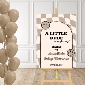 Bruin Little Dude babyshower-welkomstbord Little Dude-welkomstbord bewerkbare canvassjabloon bruine smiley babyshower decor smileygezicht