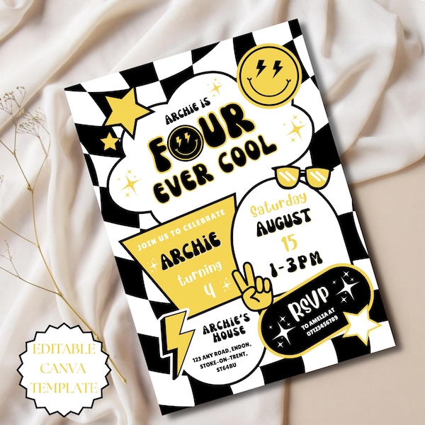 Four Ever Cool Birthday Invitation Editable Canva Template Checkered 4th Birthday Invite Smiley Face Birthday Invite Retro Birthday Party